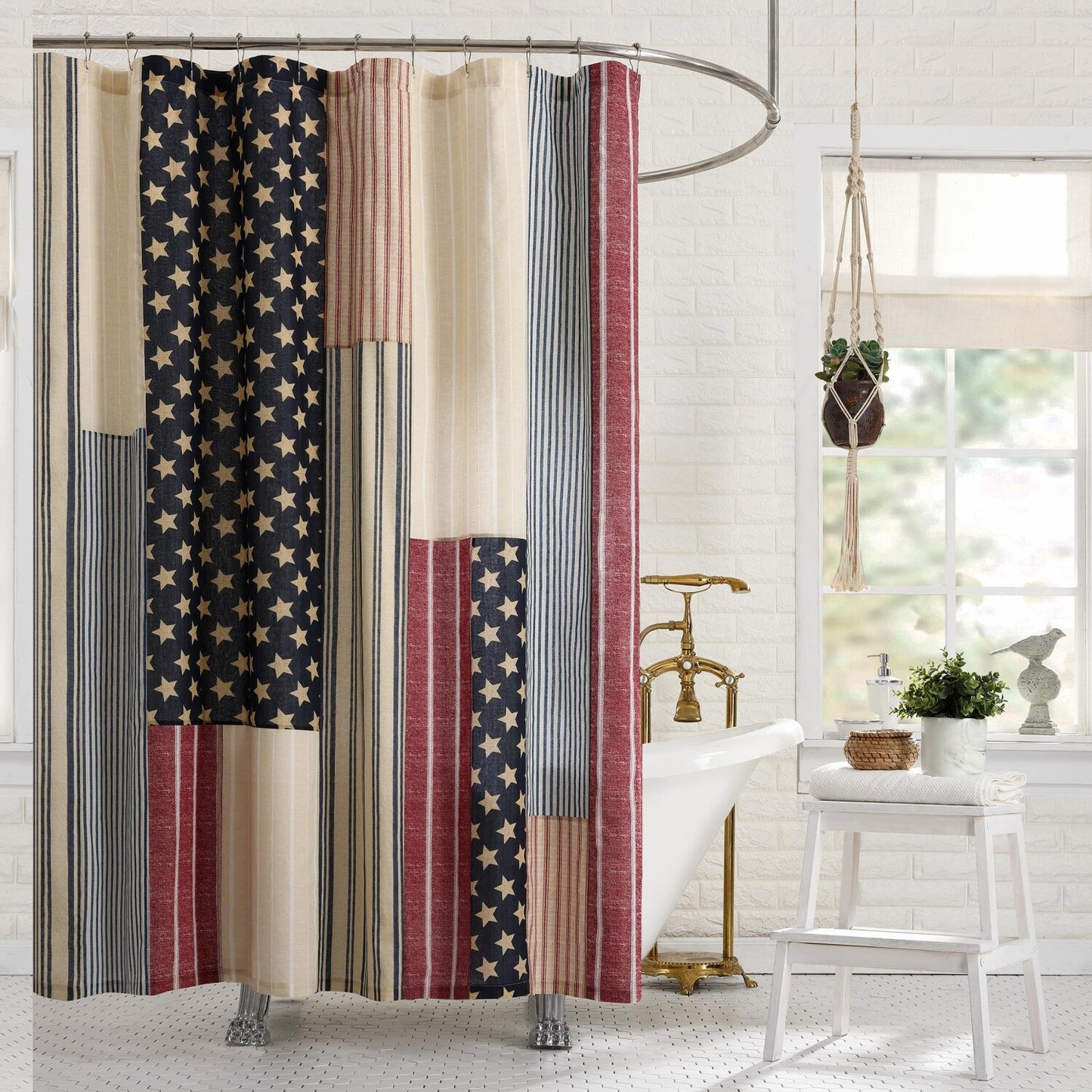 Patchwork Shower Curtain with Stripes and Stars
