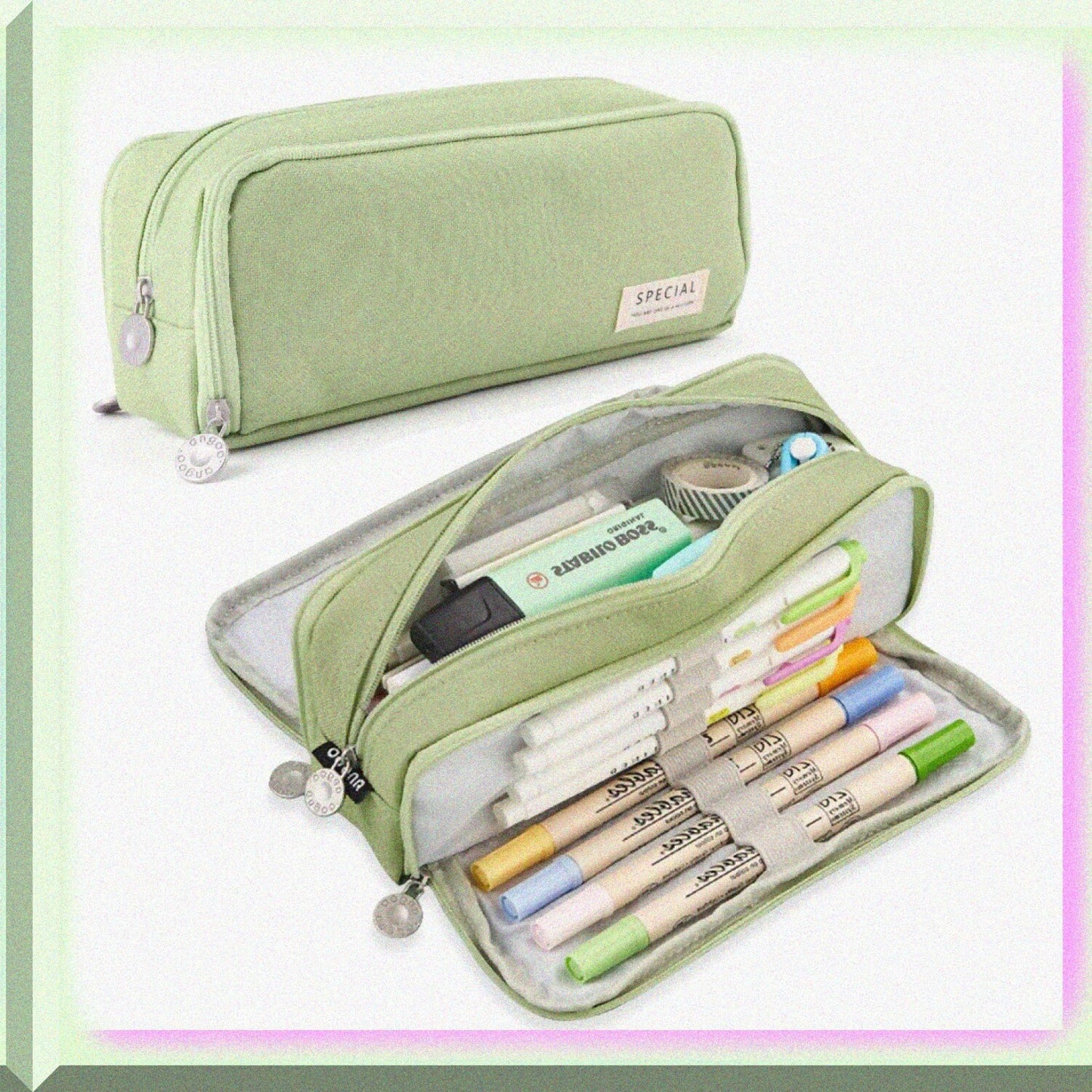 Large Green Pencil Case 3 Compartments 21x5.9x3.5cm