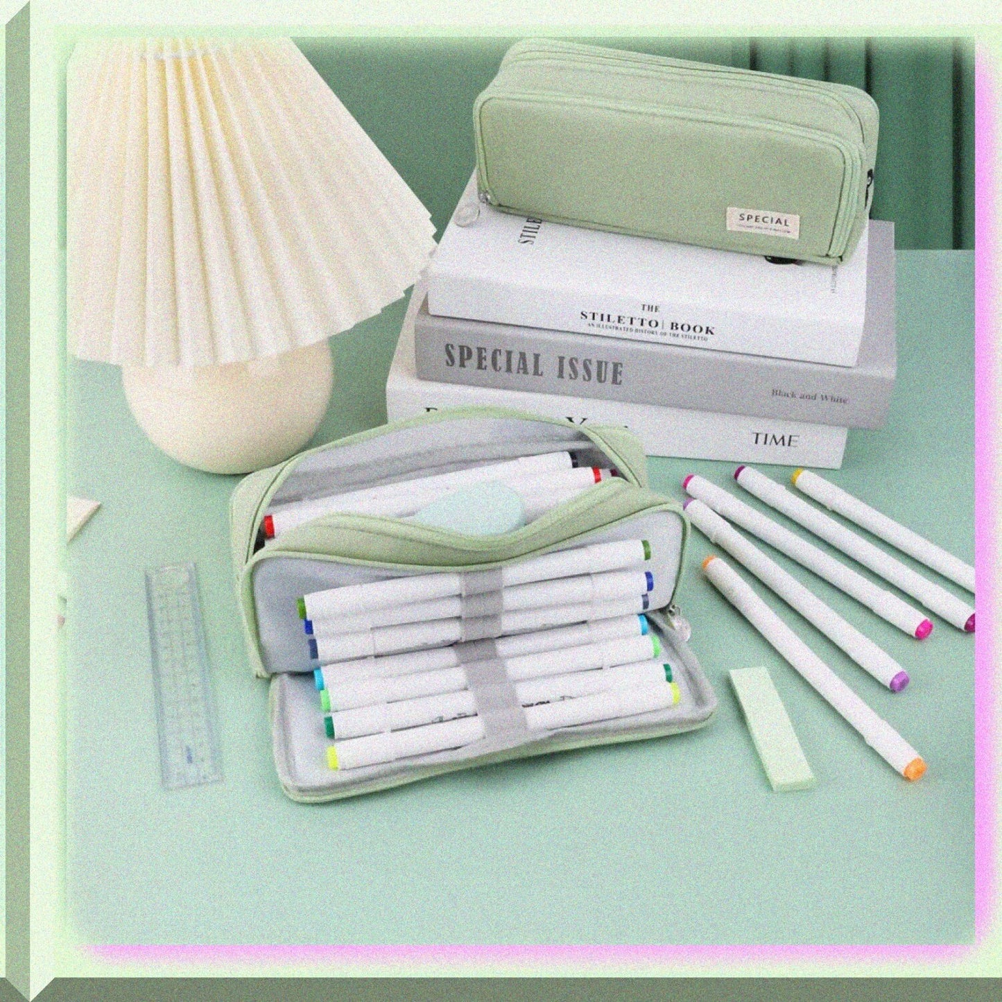 Large Green Pencil Case 3 Compartments 21x5.9x3.5cm