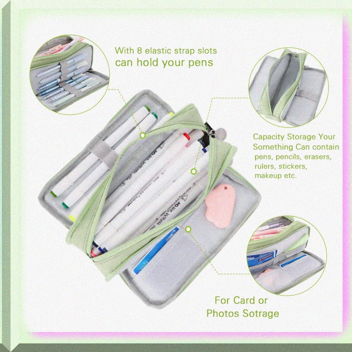 Large Green Pencil Case 3 Compartments 21x5.9x3.5cm