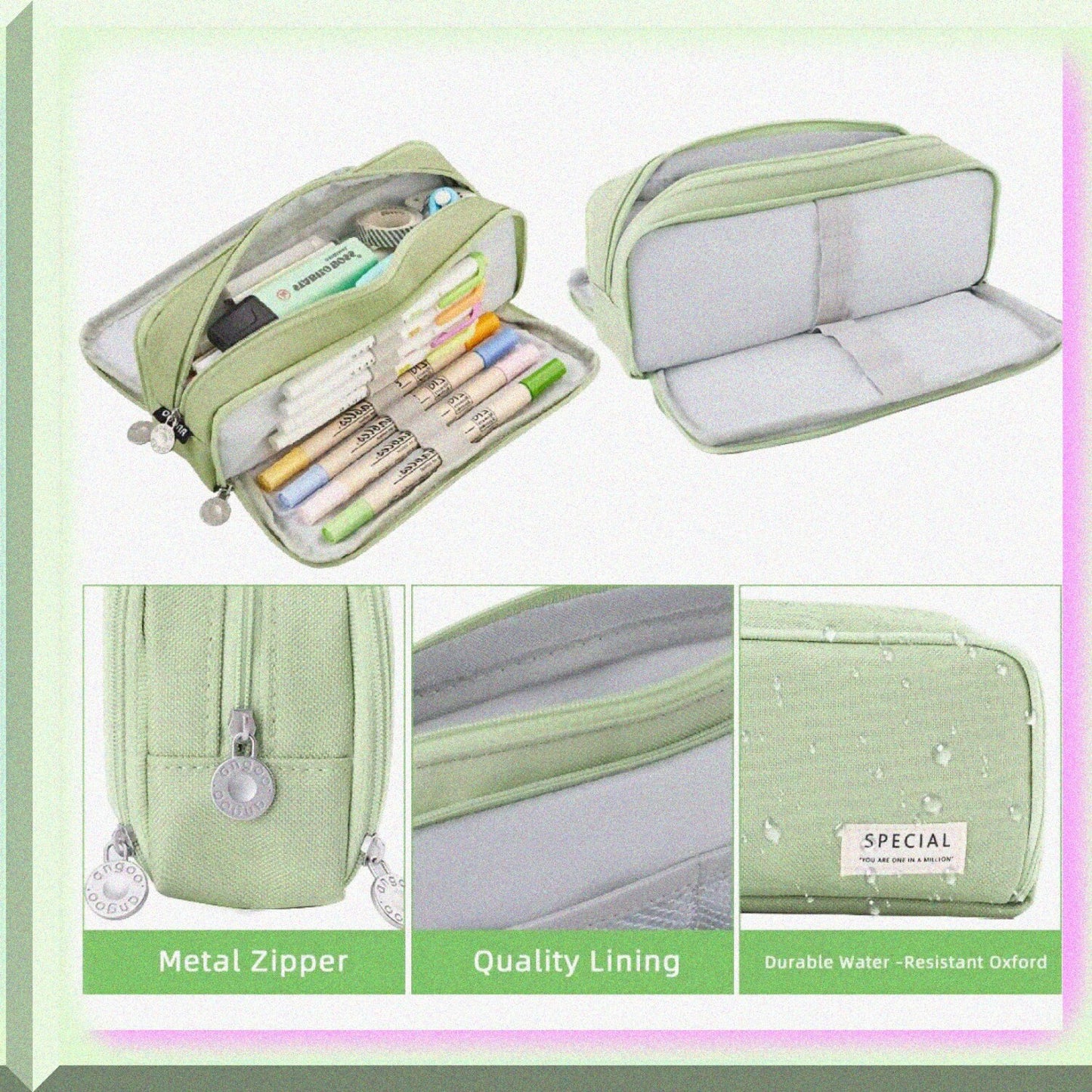 Large Green Pencil Case 3 Compartments 21x5.9x3.5cm