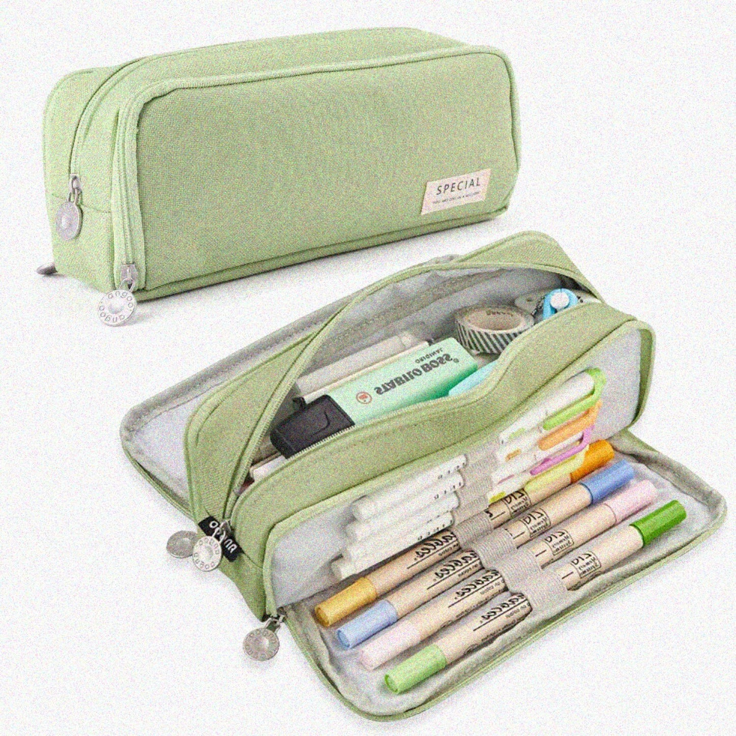 Large Green Pencil Case 3 Compartments 21x5.9x3.5cm