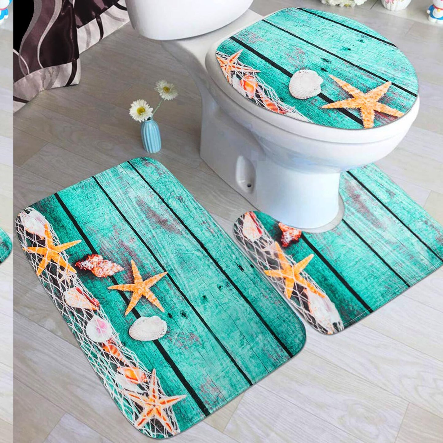 3-Piece Bathroom Rug Mat Set with Starfish Design