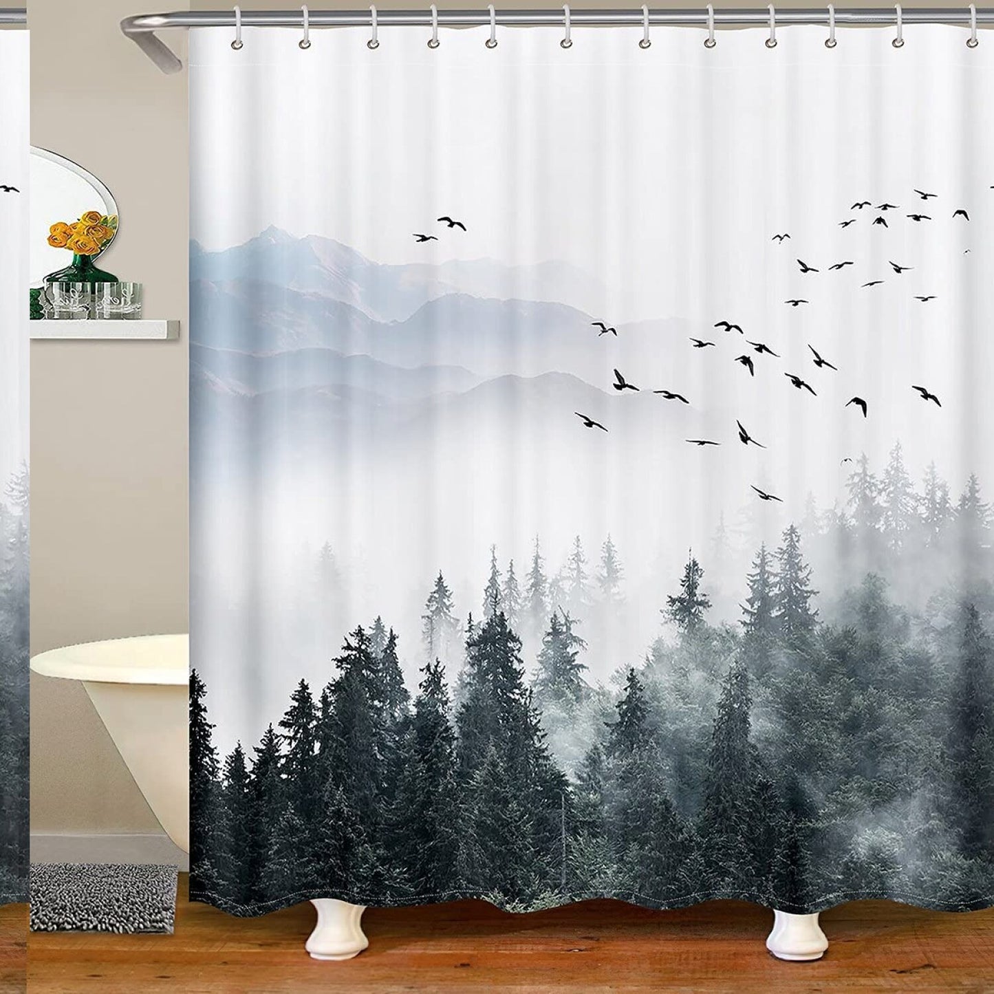 Misty Foggy Pine Tree Mountain Shower Curtain 72x72