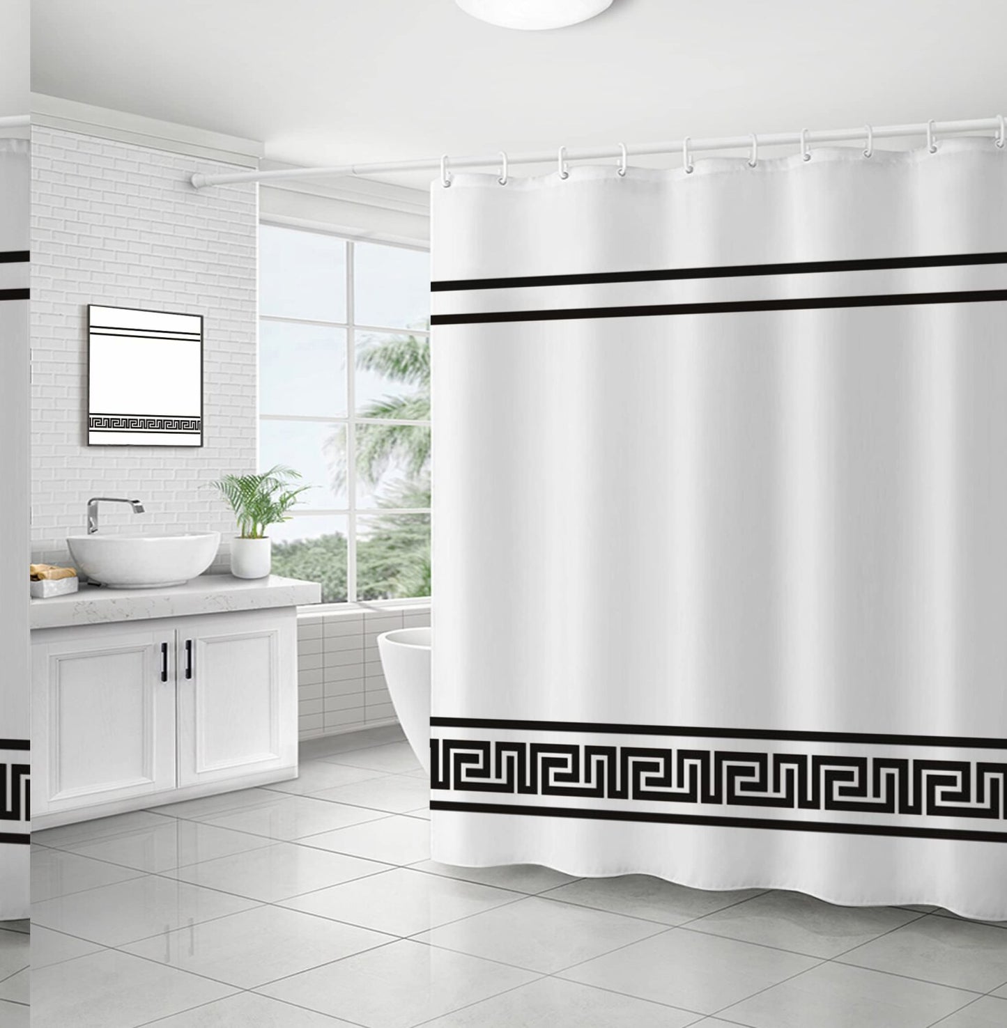 Black and White Striped Shower Curtain Set with 12 Hooks