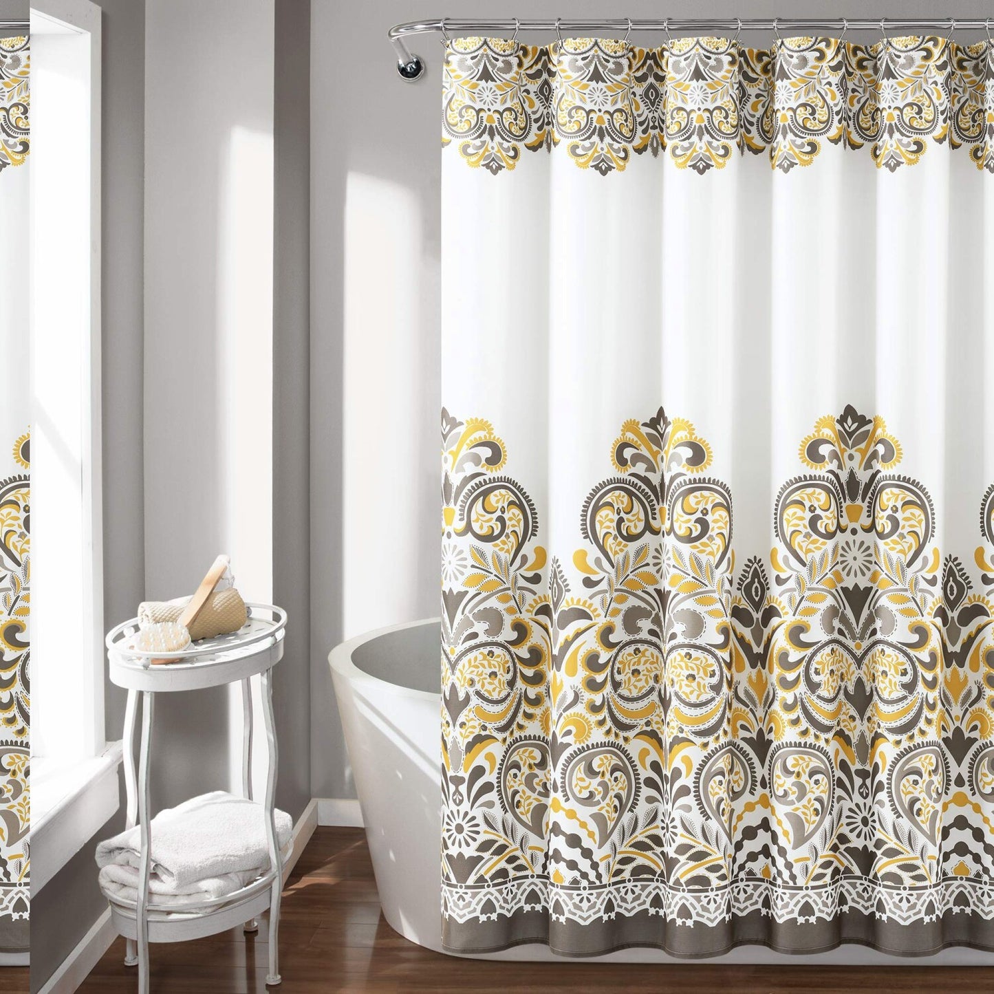 Fabric Shower Curtain 72x72 Yellow Brown Paisley Damask