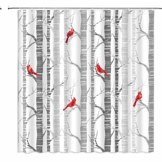 Tree Bird Shower Curtain Red Bird Abstract Birch Trees