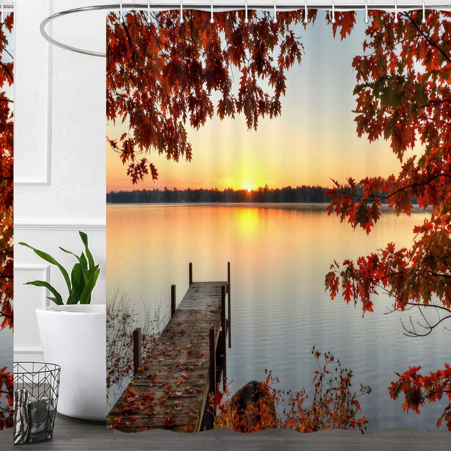 Fall Shower Curtain 72x72 Maroon Maple Leaf Fabric