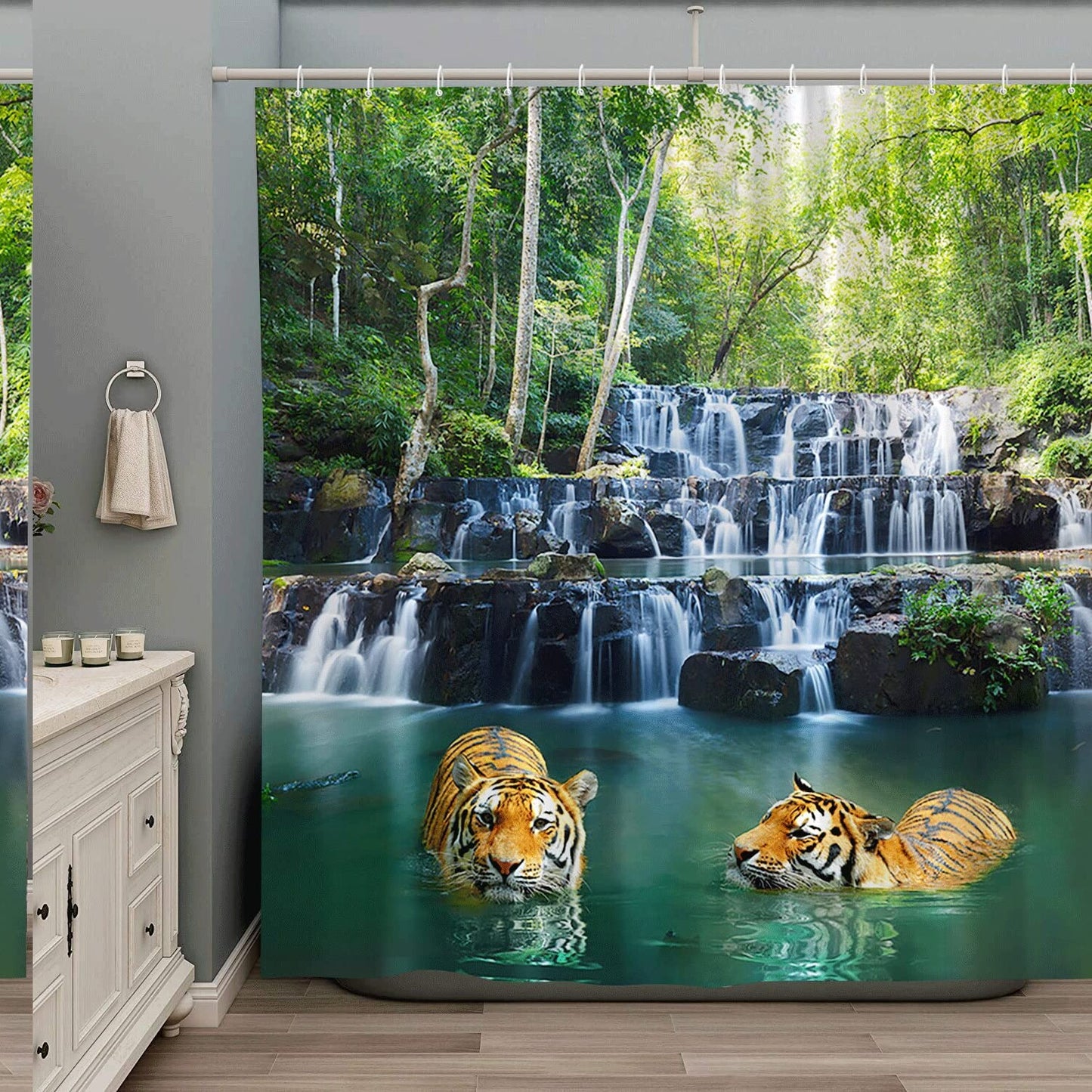 Spring Scenic Shower Curtain Forest Waterfall Tiger Green Fabric