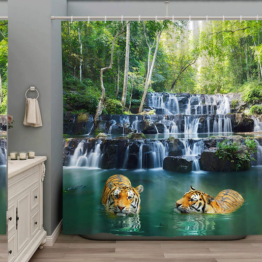 Spring Scenic Shower Curtain Forest Waterfall Tiger Green Fabric