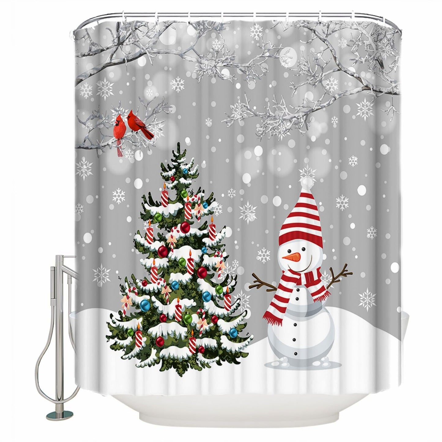 Gray Snowman Xmas Tree Snowflake Shower Curtain 72x72