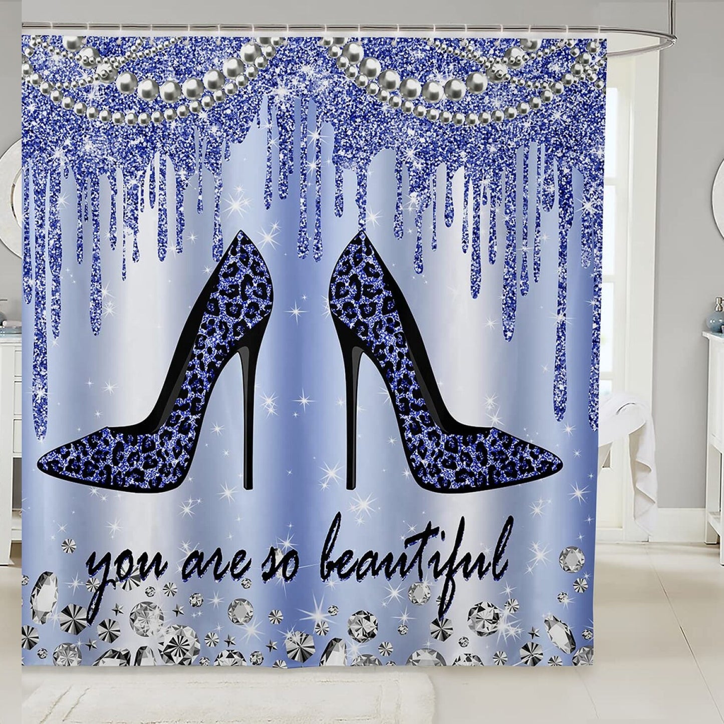 Leopard Print High Heels Shower Curtain Navy Blue