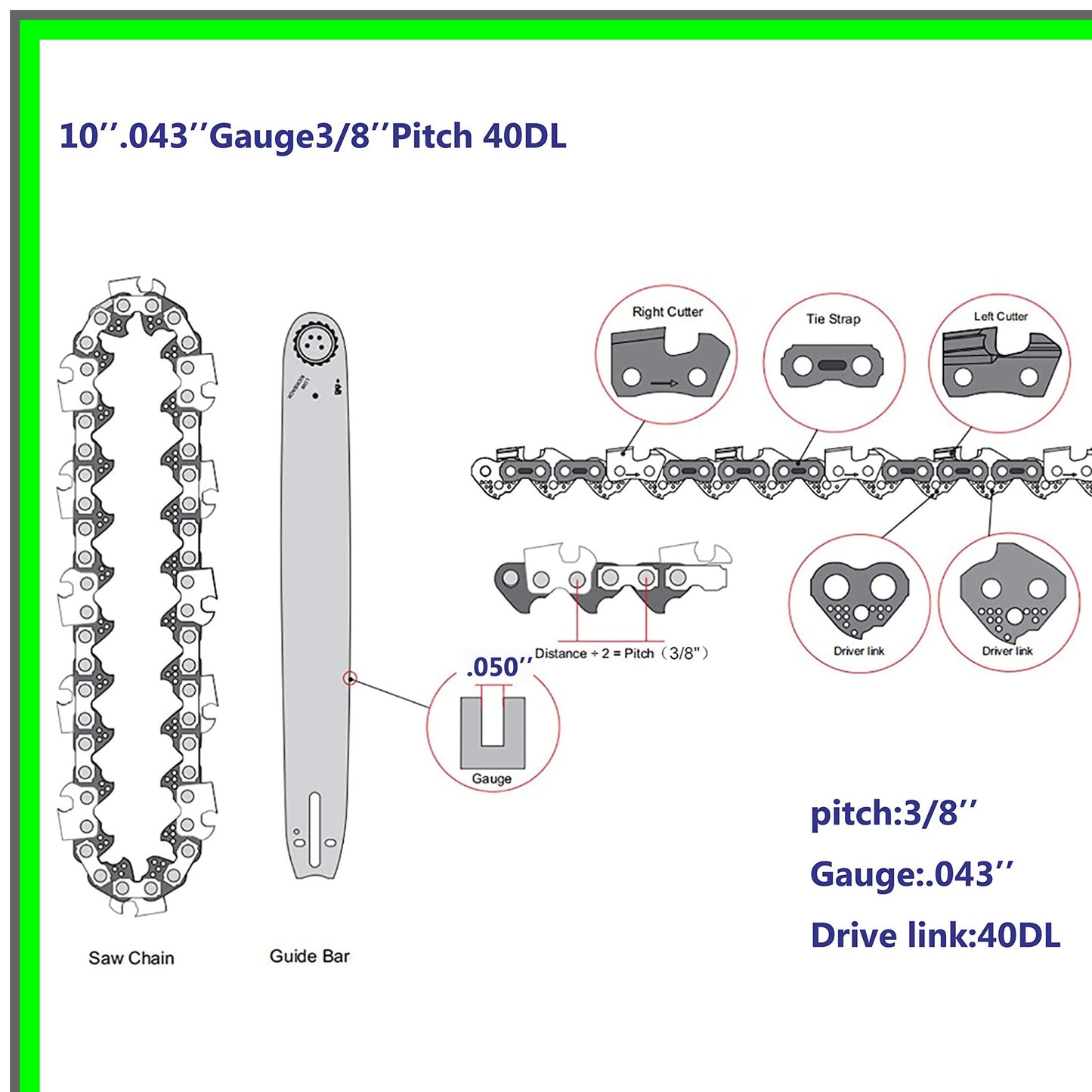 10 Inch Chainsaw Chain 2 Pack Compatible with Ryobi Homelite WORX Black Decker