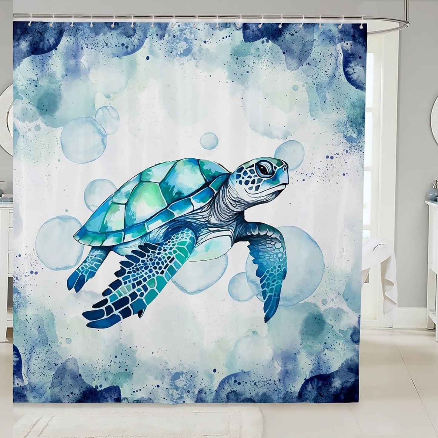 Sea Turtle Kids Shower Curtain Blue Ink Tie-dye 72x72