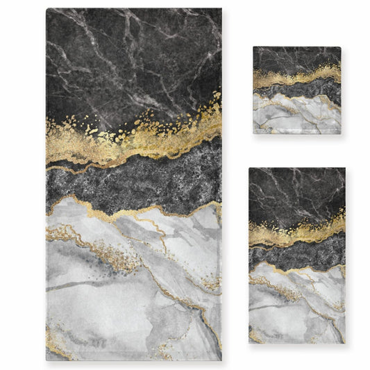 Bath Towel Set 3 Pcs Gold Black Marble Cotton
