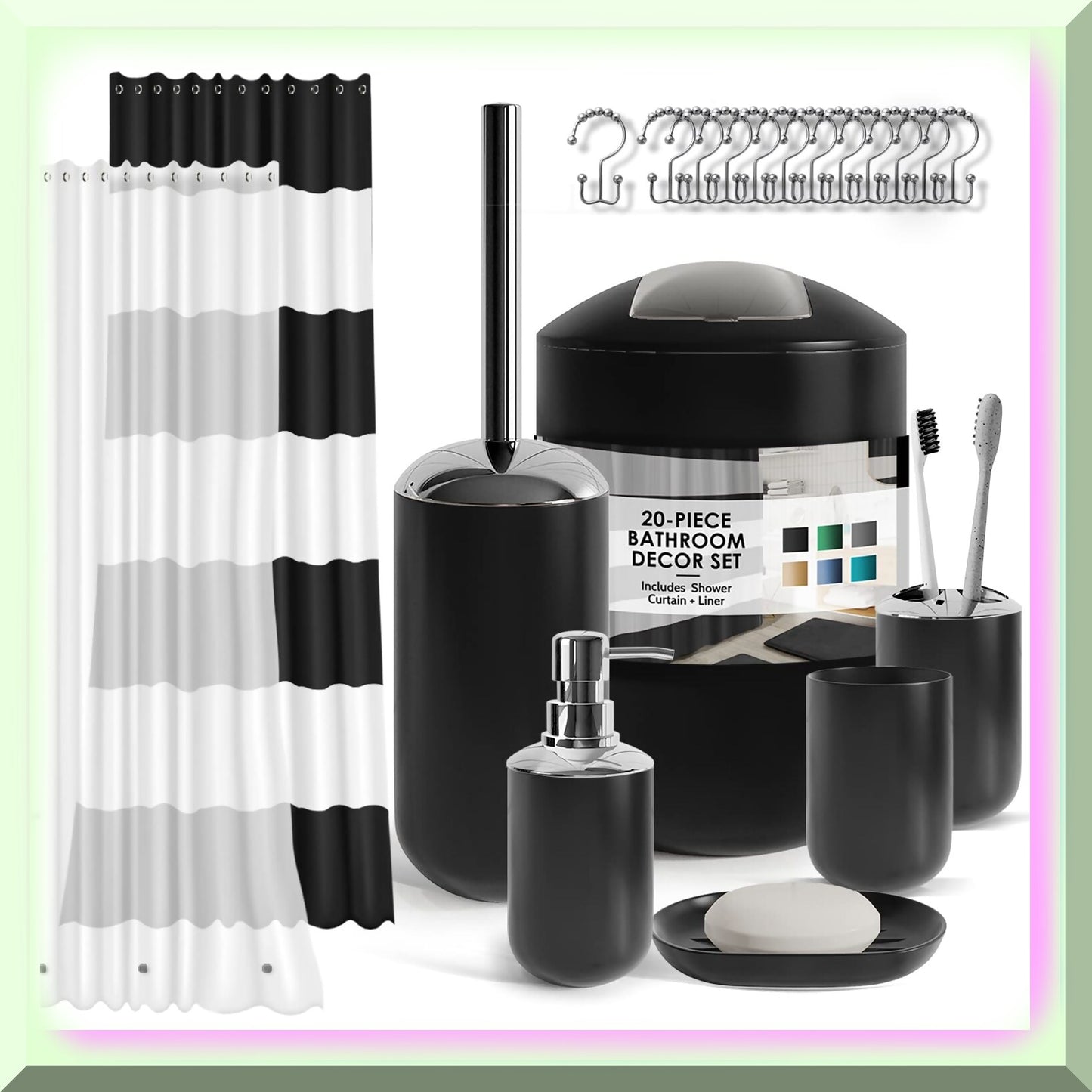 Black Bathroom Accessories Set 20PC with Shower Curtain