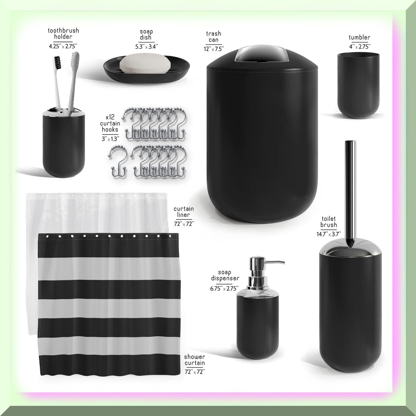 Black Bathroom Accessories Set 20PC with Shower Curtain