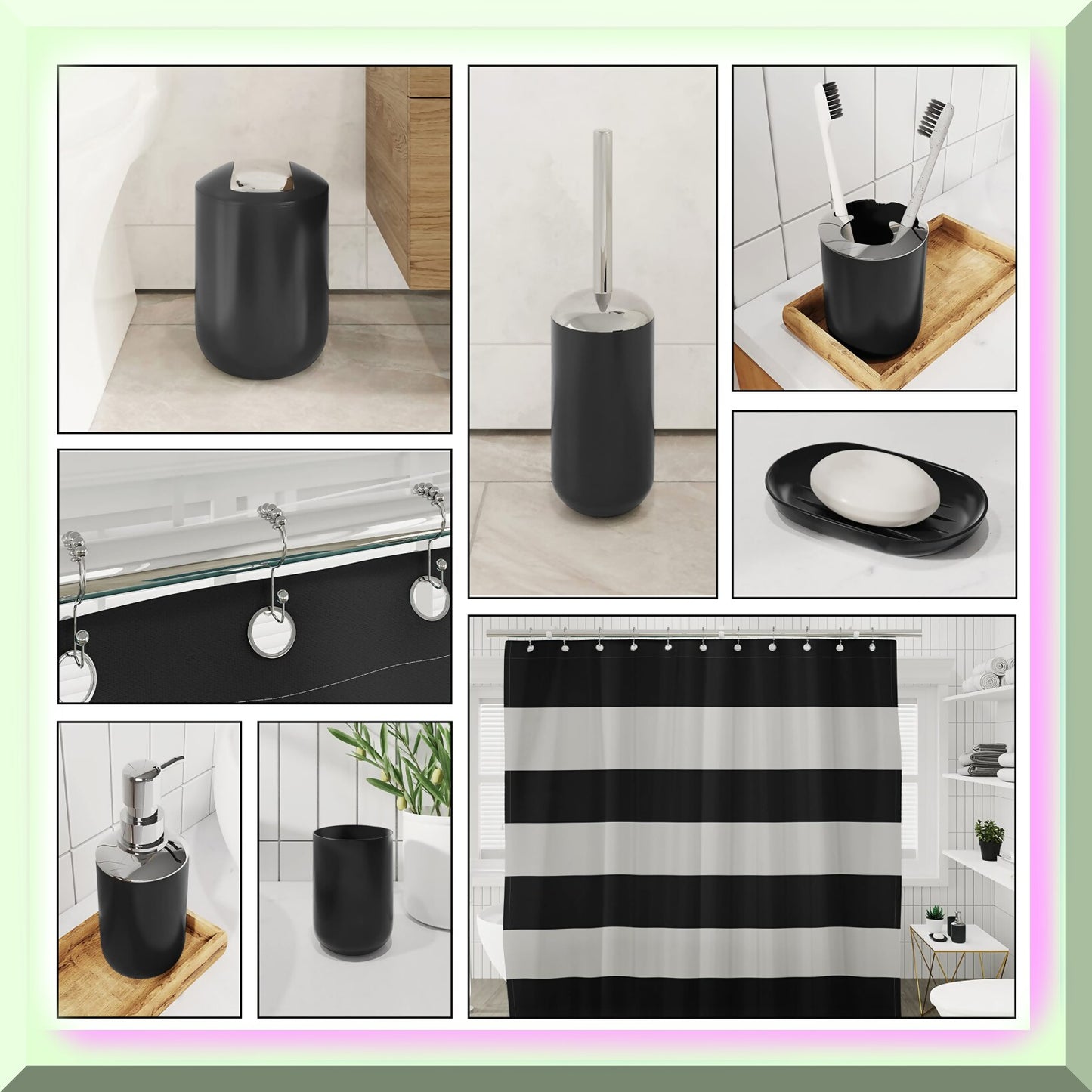 Black Bathroom Accessories Set 20PC with Shower Curtain