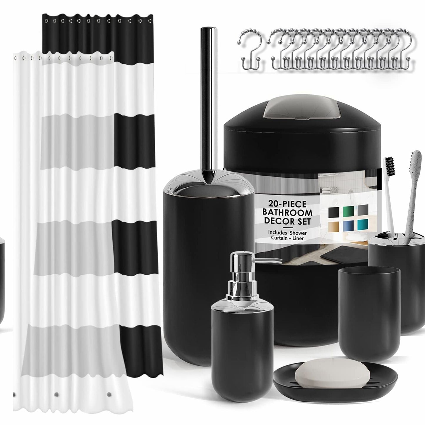Black Bathroom Accessories Set 20PC with Shower Curtain