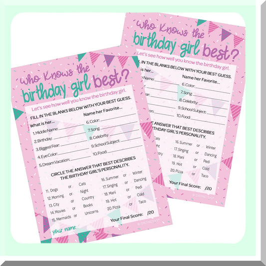 Who Knows the Birthday Girl Best Party Game with 10 Cards