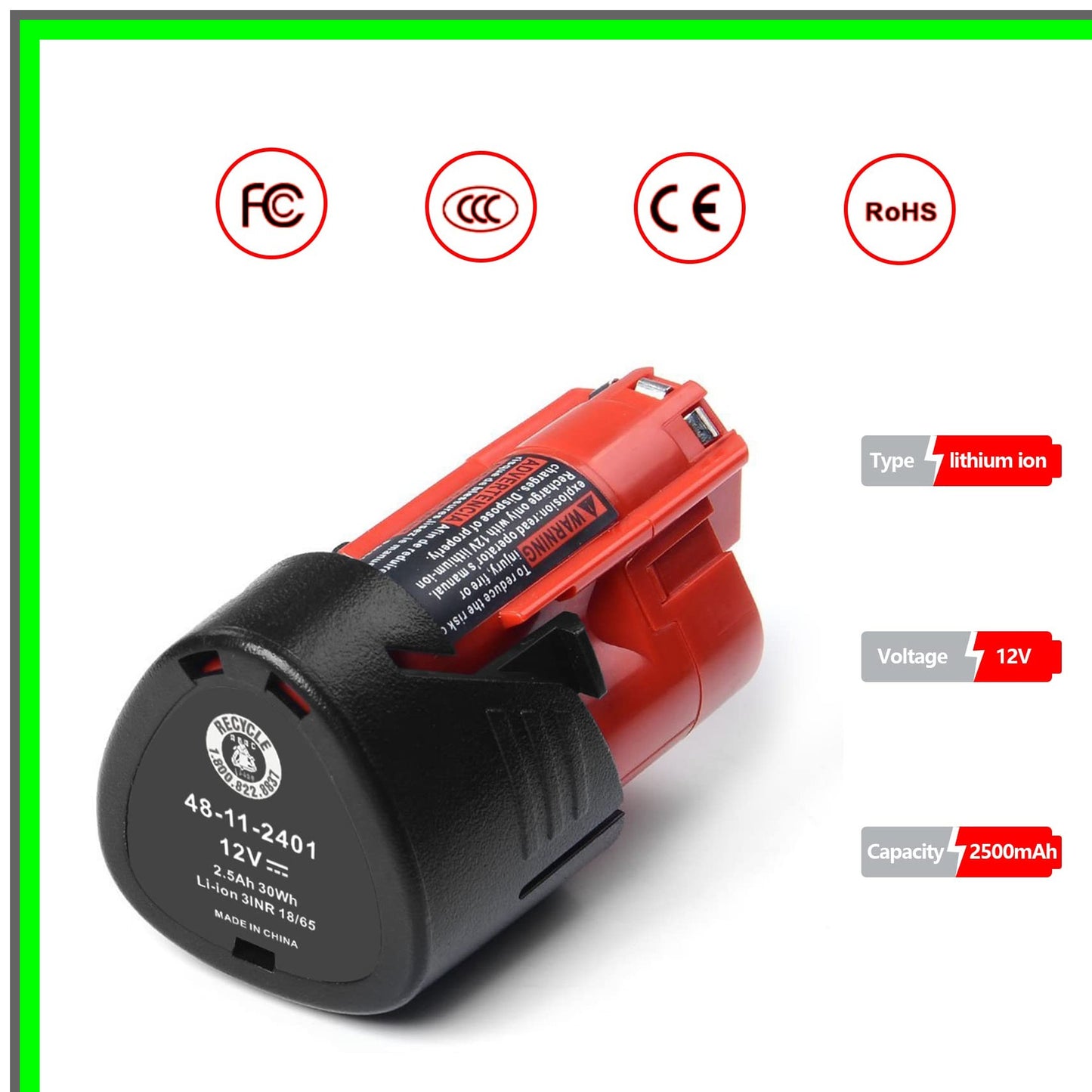 M12 2.5Ah Replacement Battery Pack for Milwaukee Cordless Tools