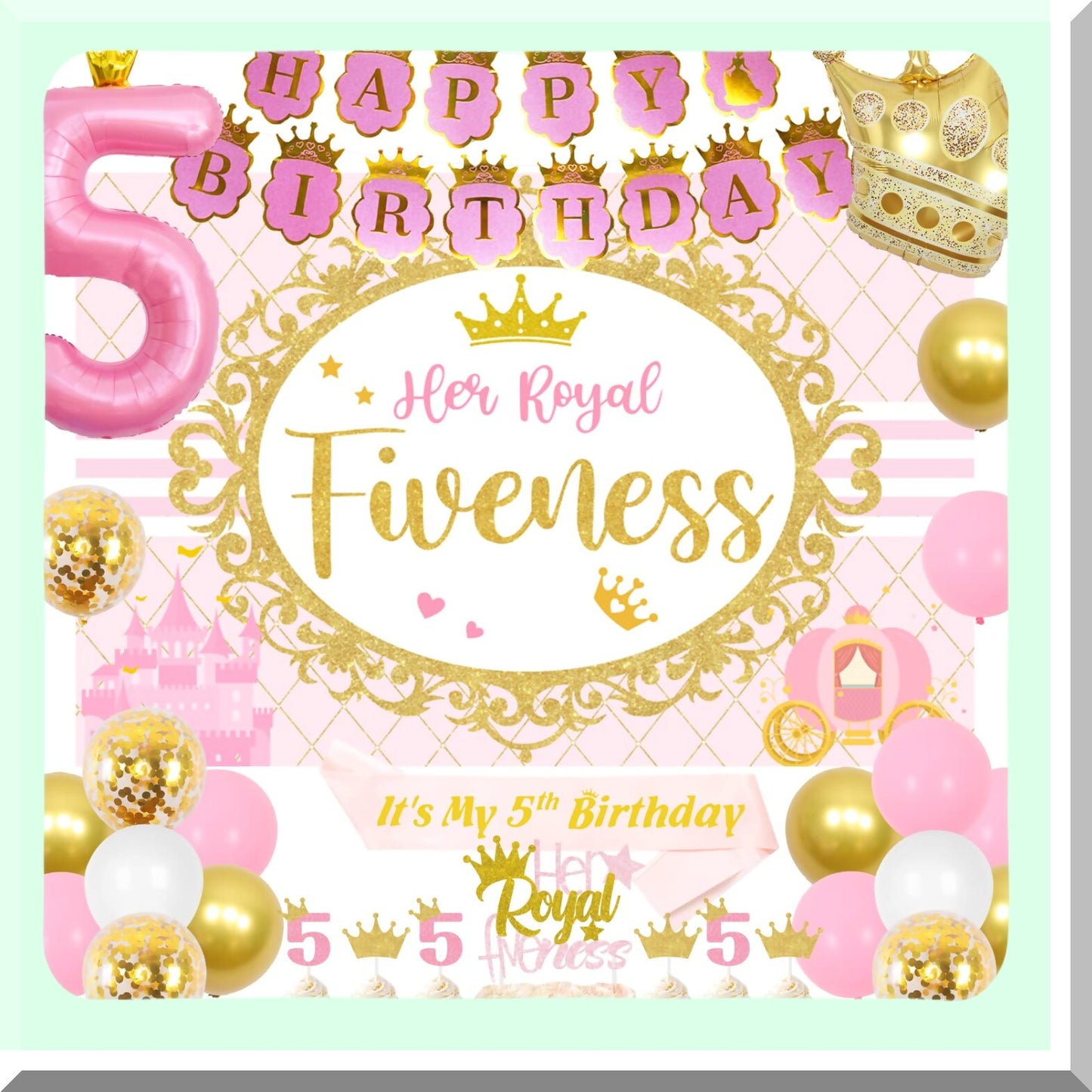 Royal Princess 5th Birthday Party Pack - Backdrop, Cake Topper, Sash, Crown, Balloons - Perfect Decorations for Her Majestic 5 Years Old Celebration