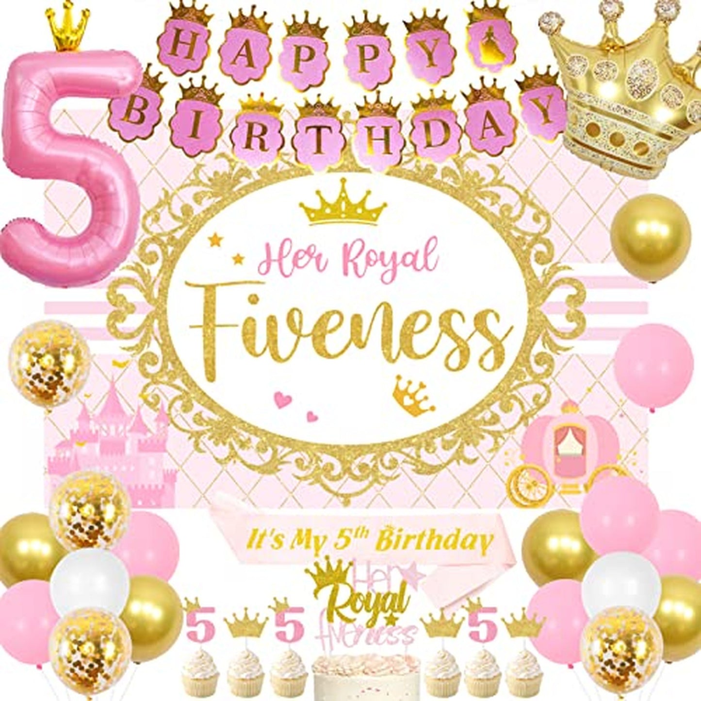 Royal Princess 5th Birthday Party Pack - Backdrop, Cake Topper, Sash, Crown, Balloons - Perfect Decorations for Her Majestic 5 Years Old Celebration
