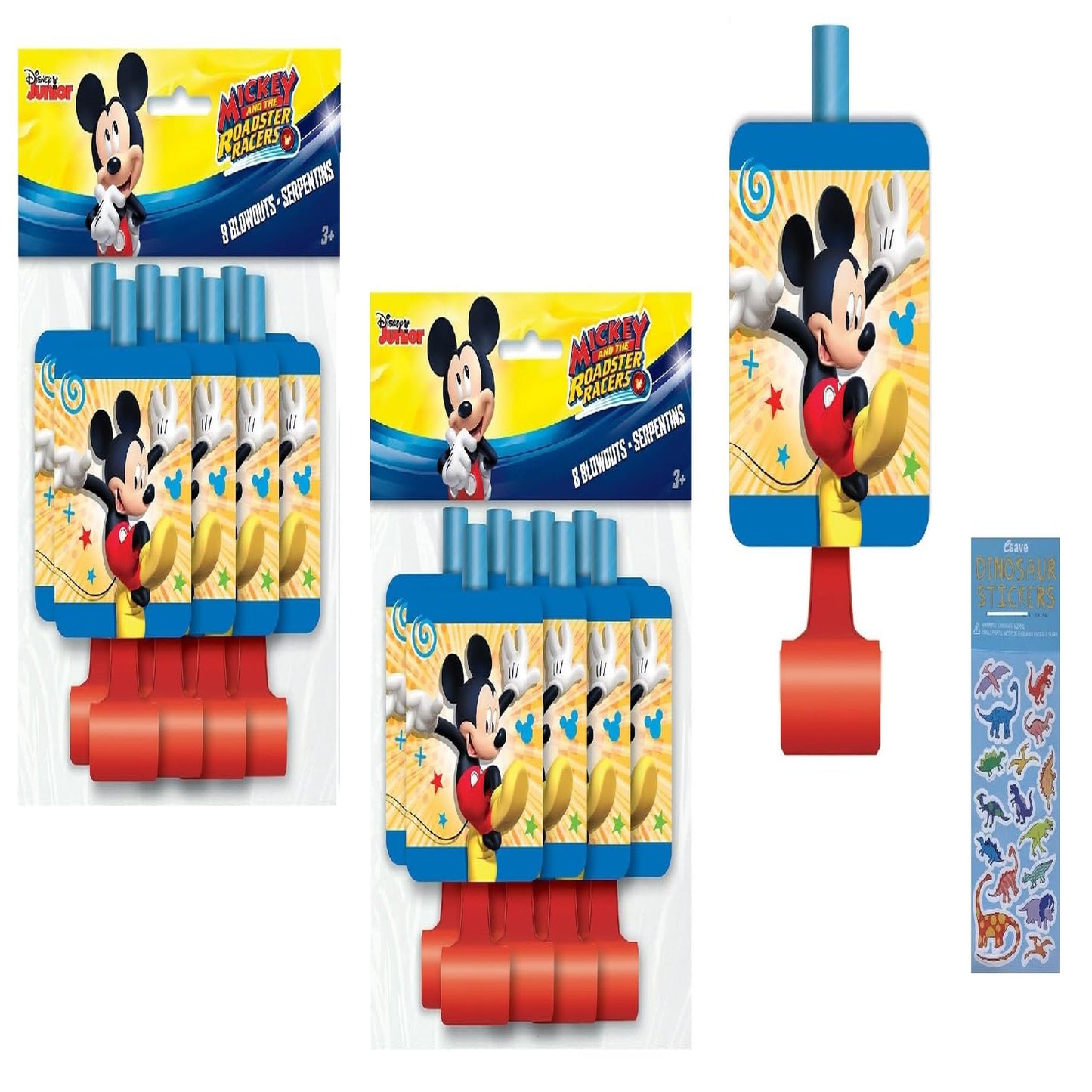 Mickey Mouse Birthday Party Supplies with Blowouts and Dinosaur Stickers