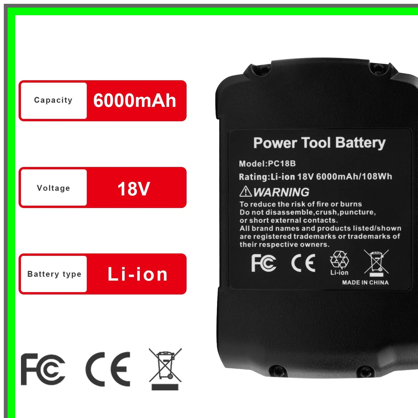 High-Output 6000mAh 18V Lithium-Ion Battery for Porter Cable Tools