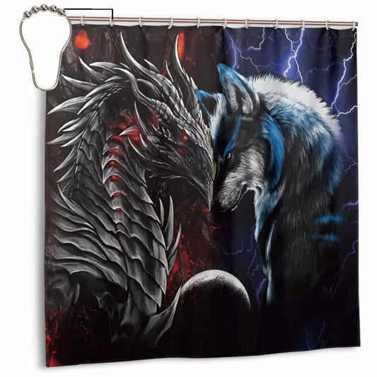 Red Blue Dragon and Wolf Shower Curtain 72x72 Inch