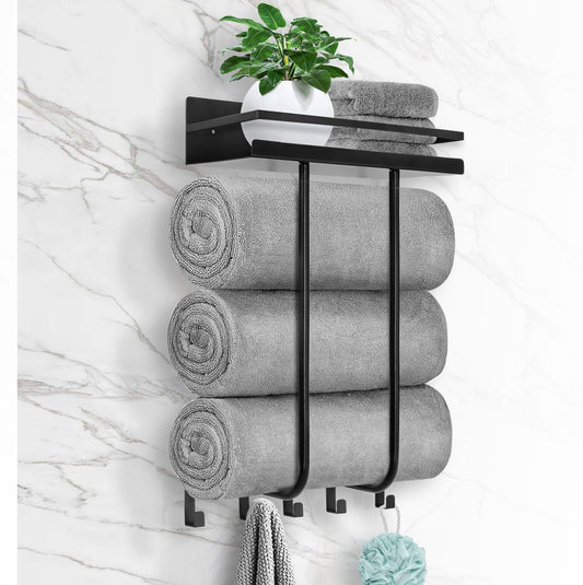 Wall Mounted Towel Rack with Metal Shelf and 5 Hooks