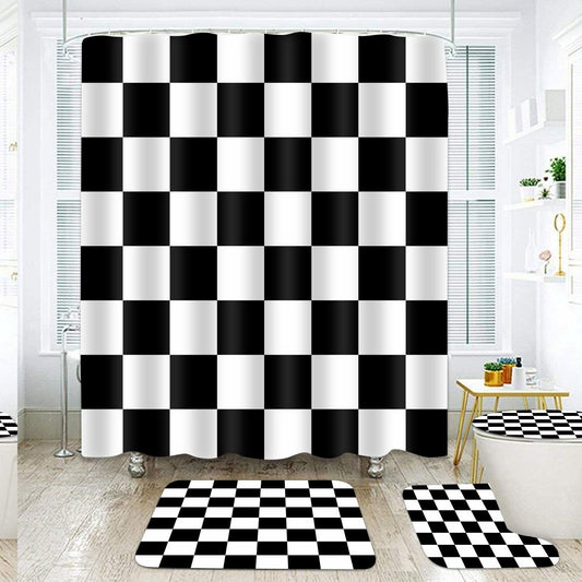 Black and White Checker Shower Curtain Set 4PCS