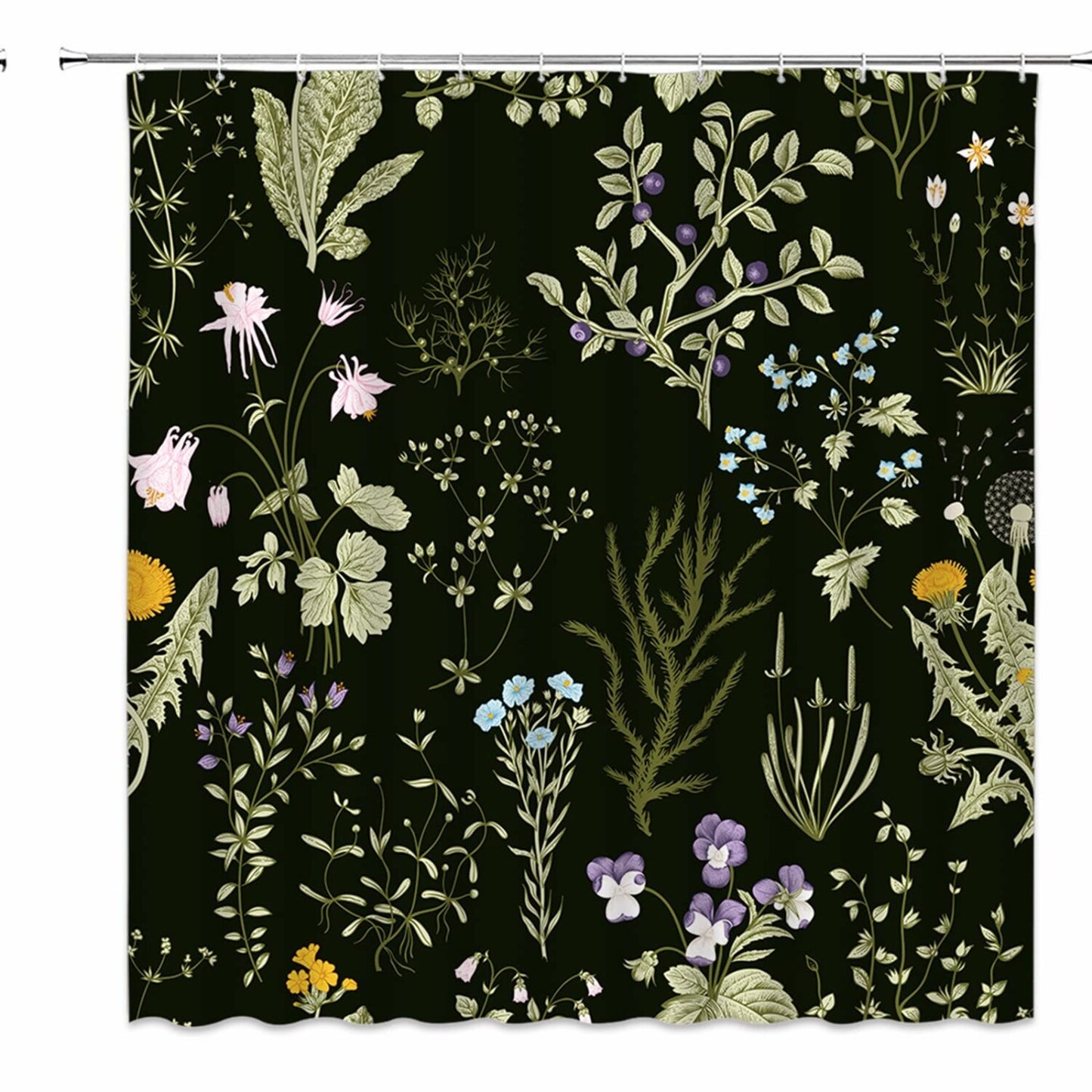Black Floral Watercolor Shower Curtain with Hooks