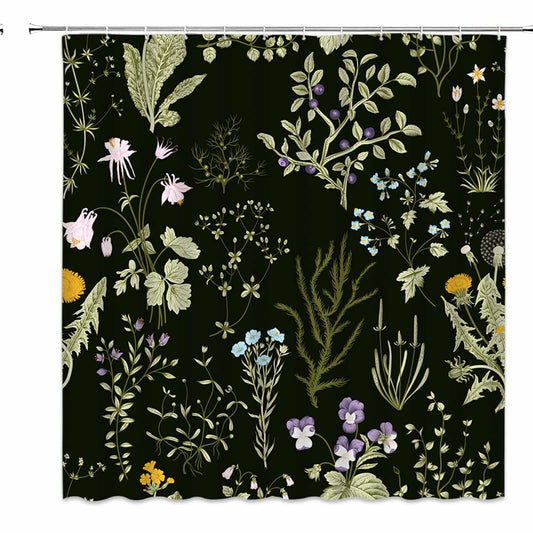 Black Floral Watercolor Shower Curtain with Hooks