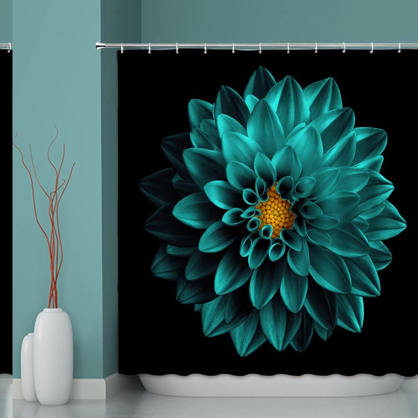 Blue Teal Dahlia Shower Curtain 70x70 inch