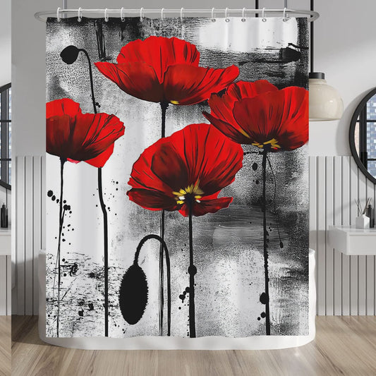 Red Poppy Ink Painting Shower Curtain 60x72 Inches