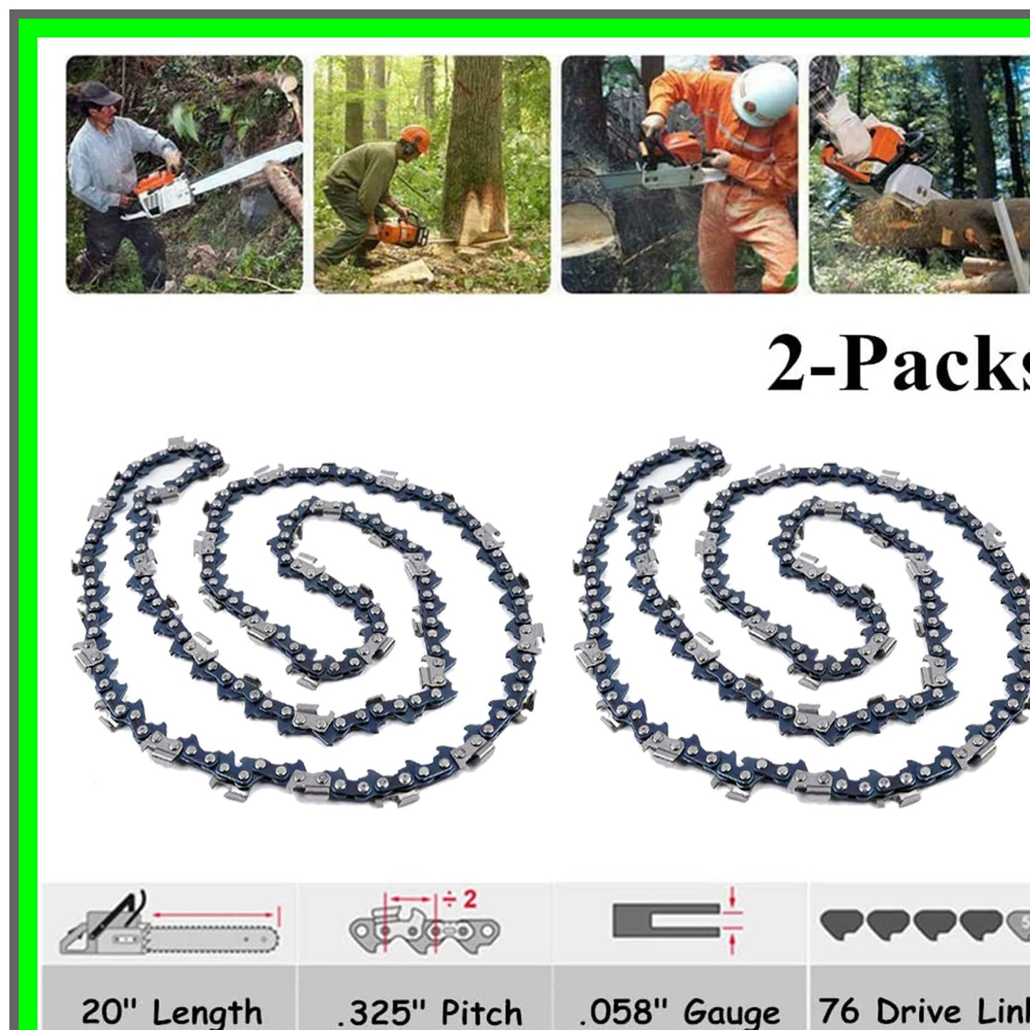 20-Inch Chainsaw Chain 2-Pack 325 Pitch 058 Gauge for Husqvarna Stihl Poulan