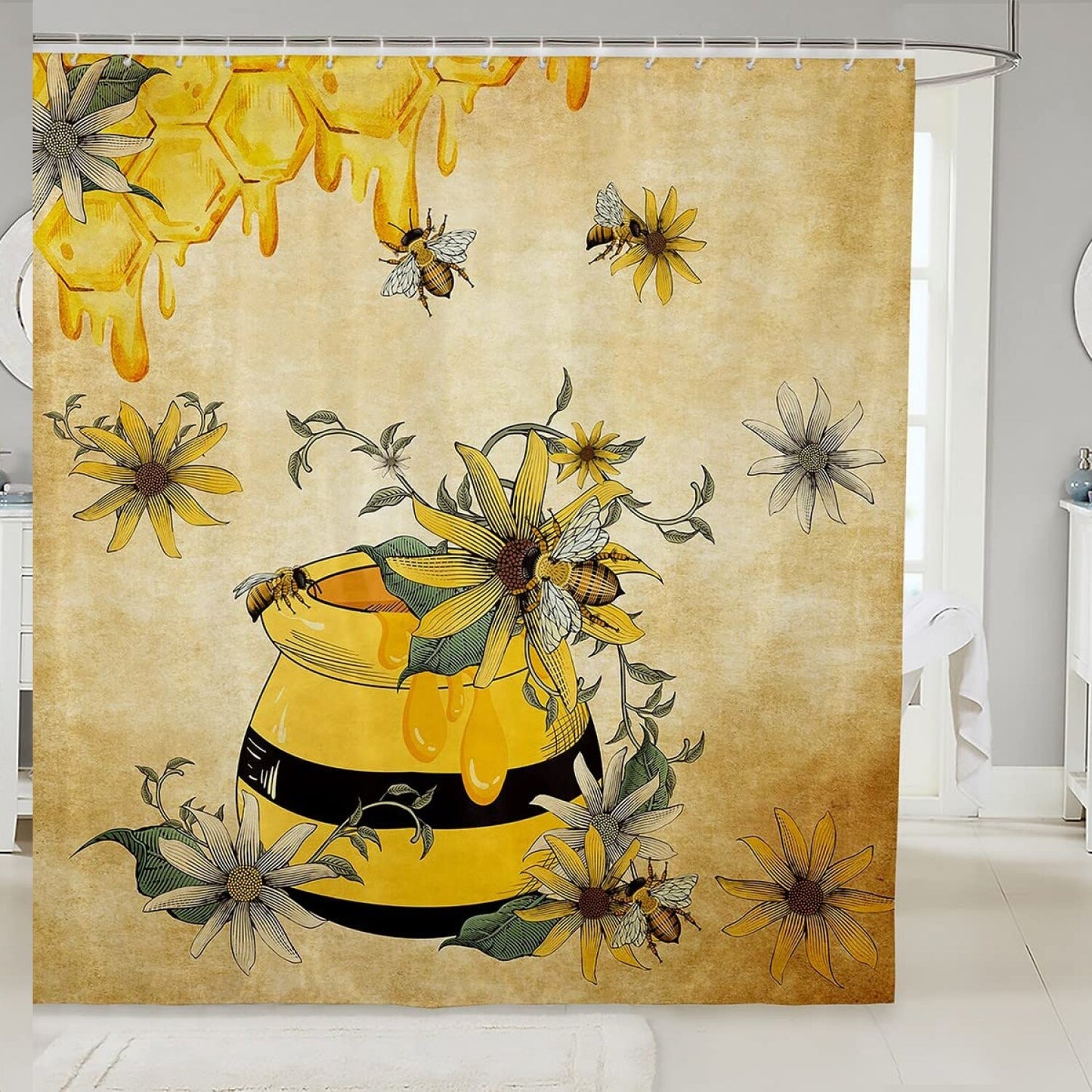 Yellow Bee Floral Shower Curtain 72x72 Inches