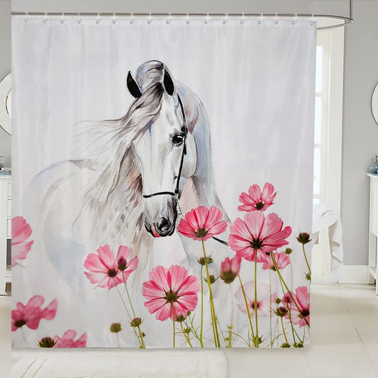 White Horse and Pink Daisy Rustic Shower Curtain Set