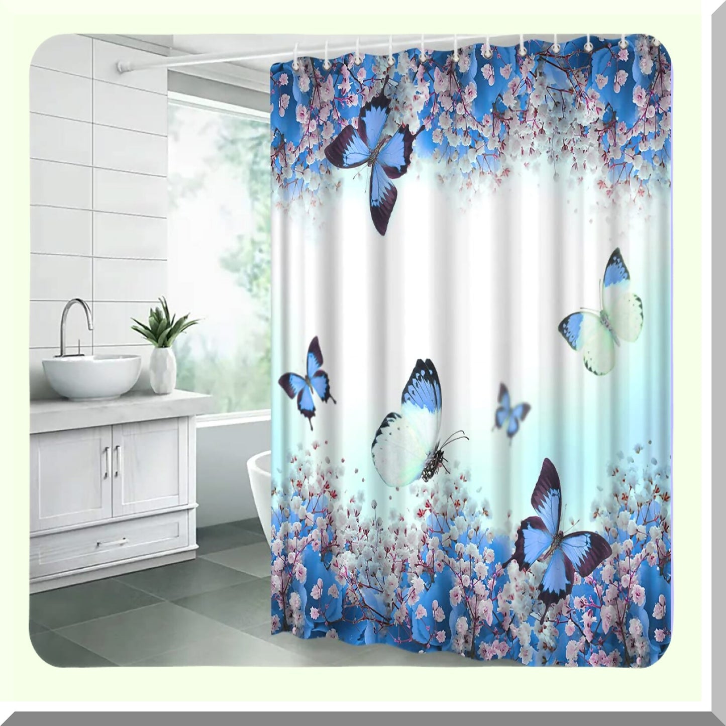 Blue Floral Butterfly Shower Curtain with Hooks