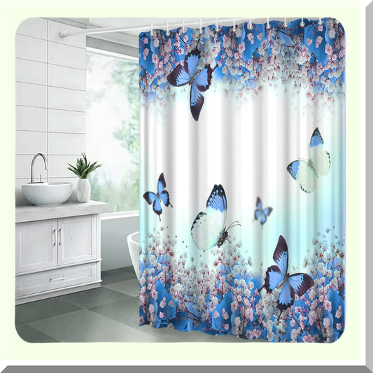 Blue Floral Butterfly Shower Curtain with Hooks