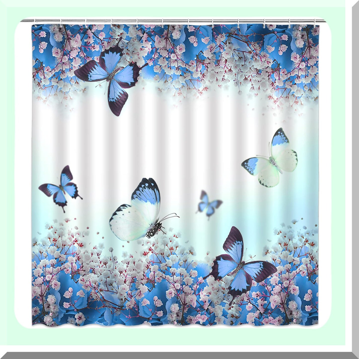 Blue Floral Butterfly Shower Curtain with Hooks