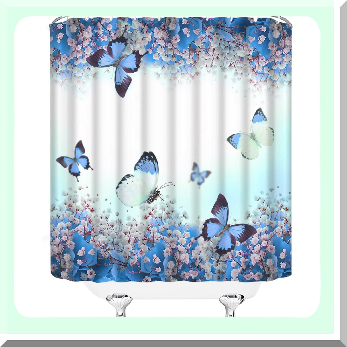 Blue Floral Butterfly Shower Curtain with Hooks