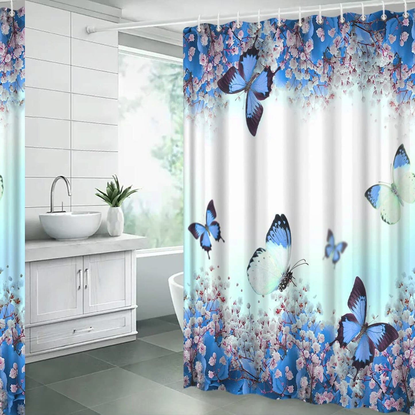 Blue Floral Butterfly Shower Curtain with Hooks