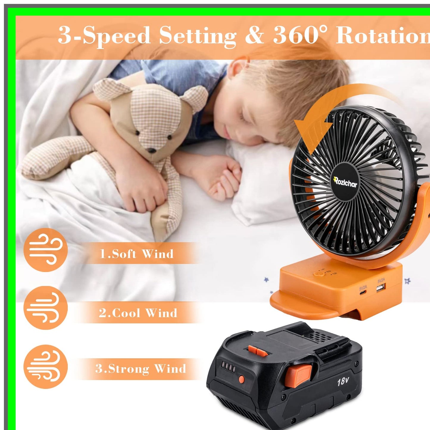 Cordless Portable Fan for AEG 18V Batteries with Fast USB Charging