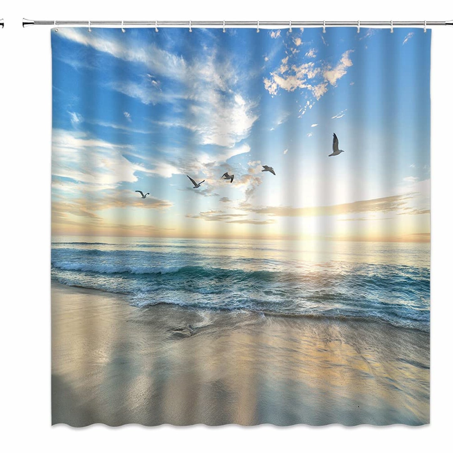 Beach Ocean Shower Curtain Blue Sea Seagull Sunset 70x70