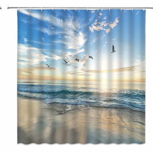 Beach Ocean Shower Curtain Blue Sea Seagull Sunset 70x70