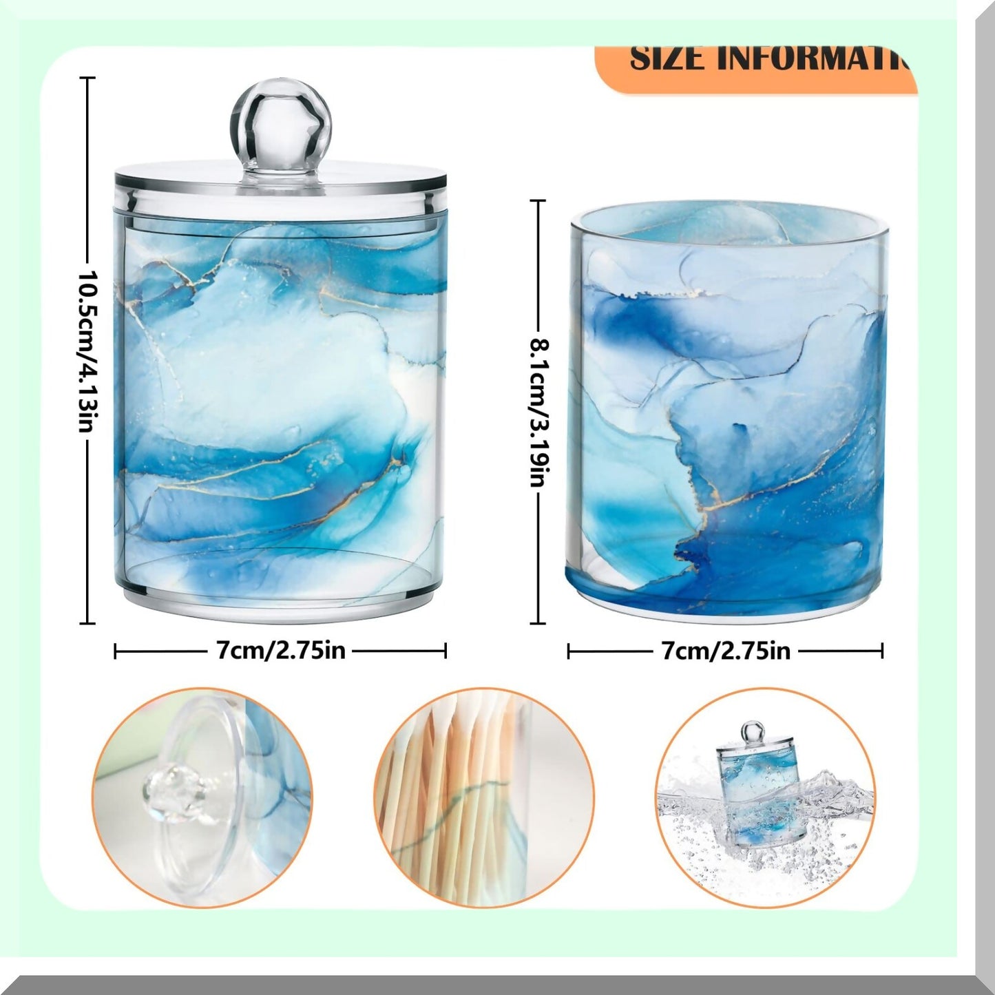 2 Pack Teal Marble Qtip Dispenser Bathroom Organizer Jars