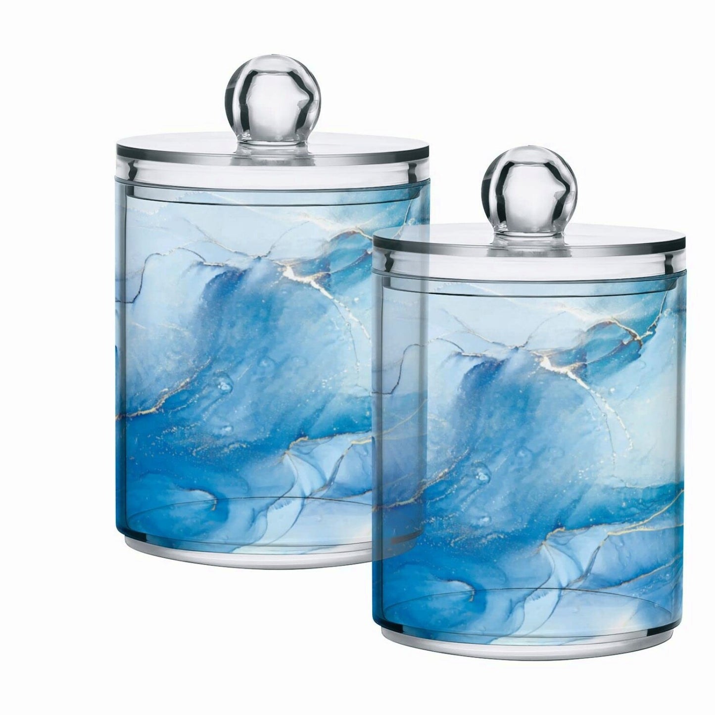 2 Pack Teal Marble Qtip Dispenser Bathroom Organizer Jars