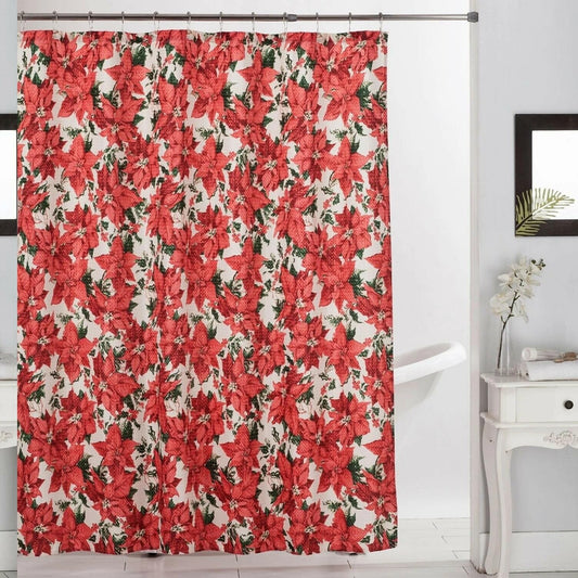 13 PC Holiday Shower Curtain Set with Hooks Red Poinsettia